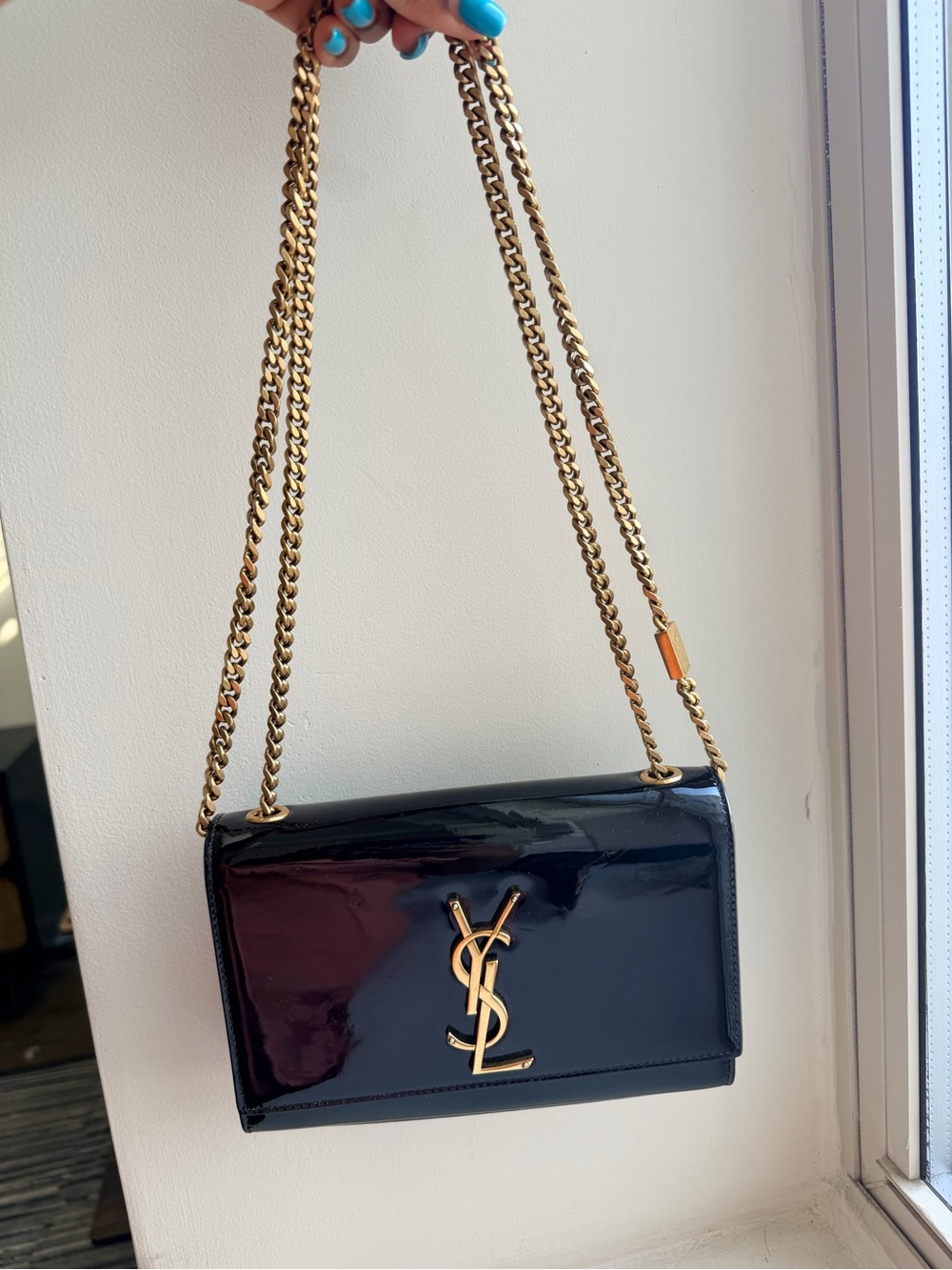 Authentic Saint Laurent Black Patent Leather YSL Chain Shoulder Bag